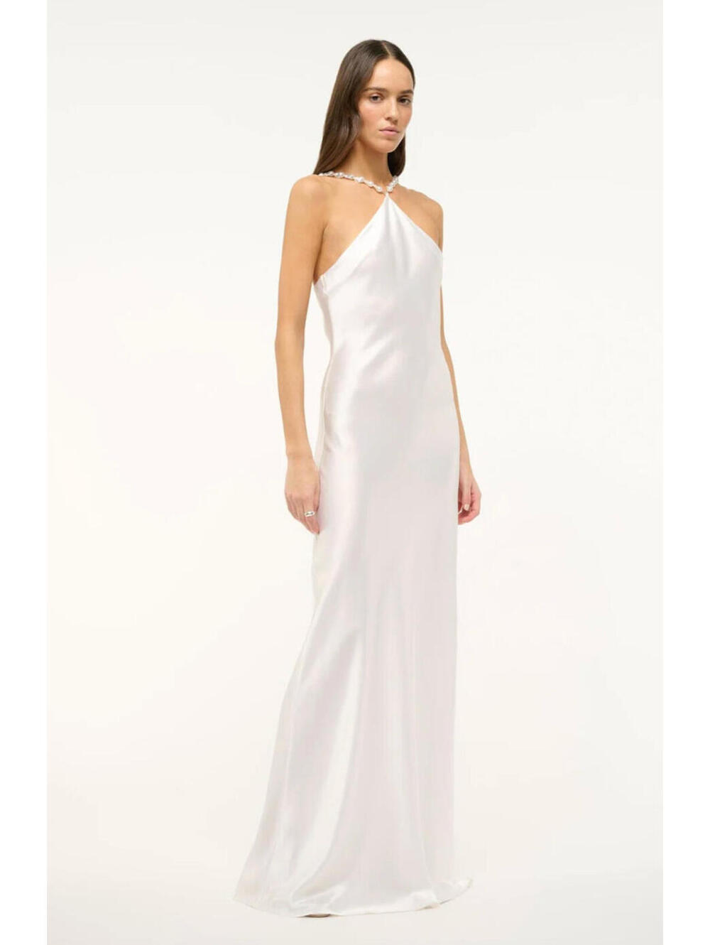 NWT STAUD Cadence White Satin Beaded Bridal Wedding Slip Maxi Dress Pearl 8/M - Picture 11 of 14